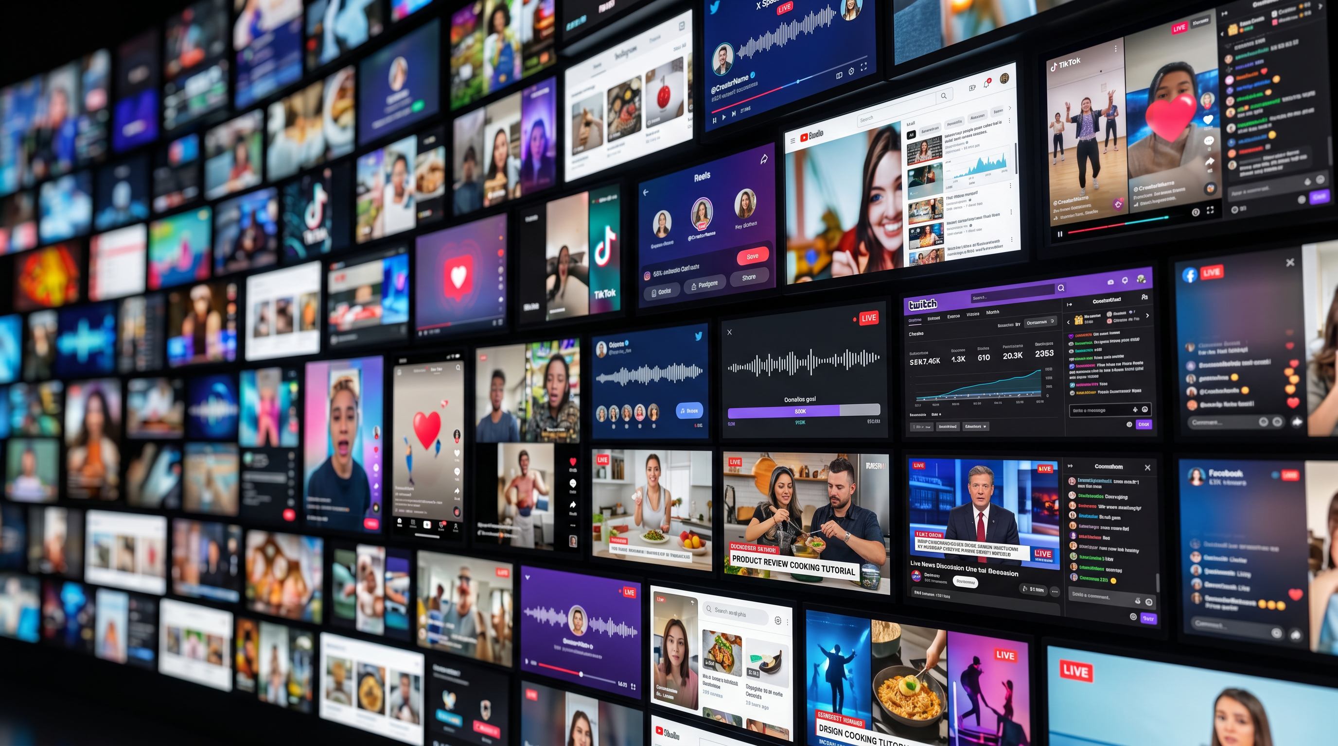 A wall of social media content across TikTok, YouTube, Instagram, Twitch, and more