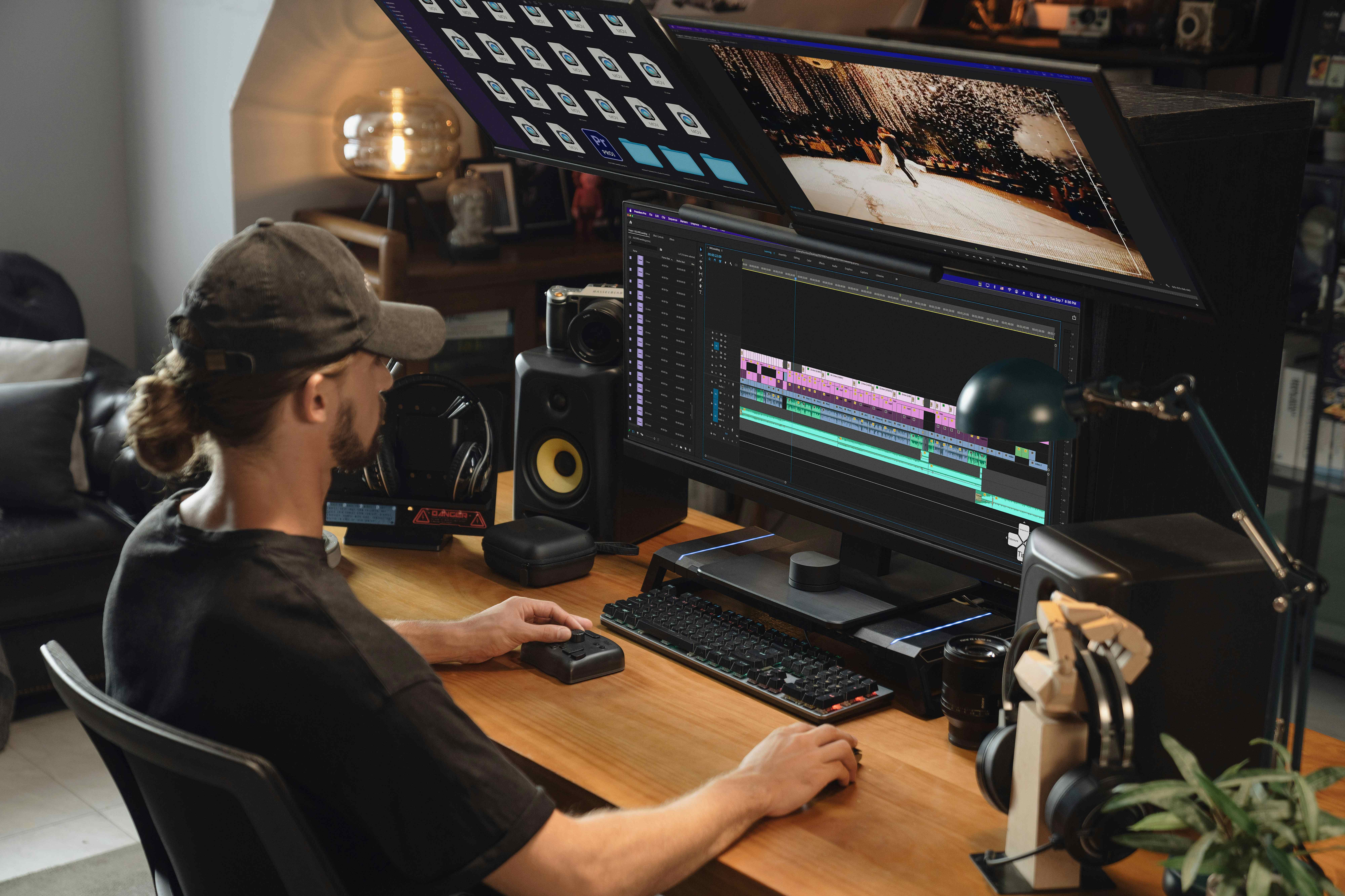 A video editor working in Adobe Premiere Pro on a multi-monitor setup in a warmly lit home studio